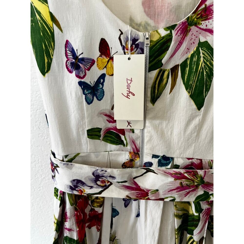 NEW! Derhy Floral Fit & Flare Dress M White Tropical Garden Cotton Sleeveless - Picture 4 of 9